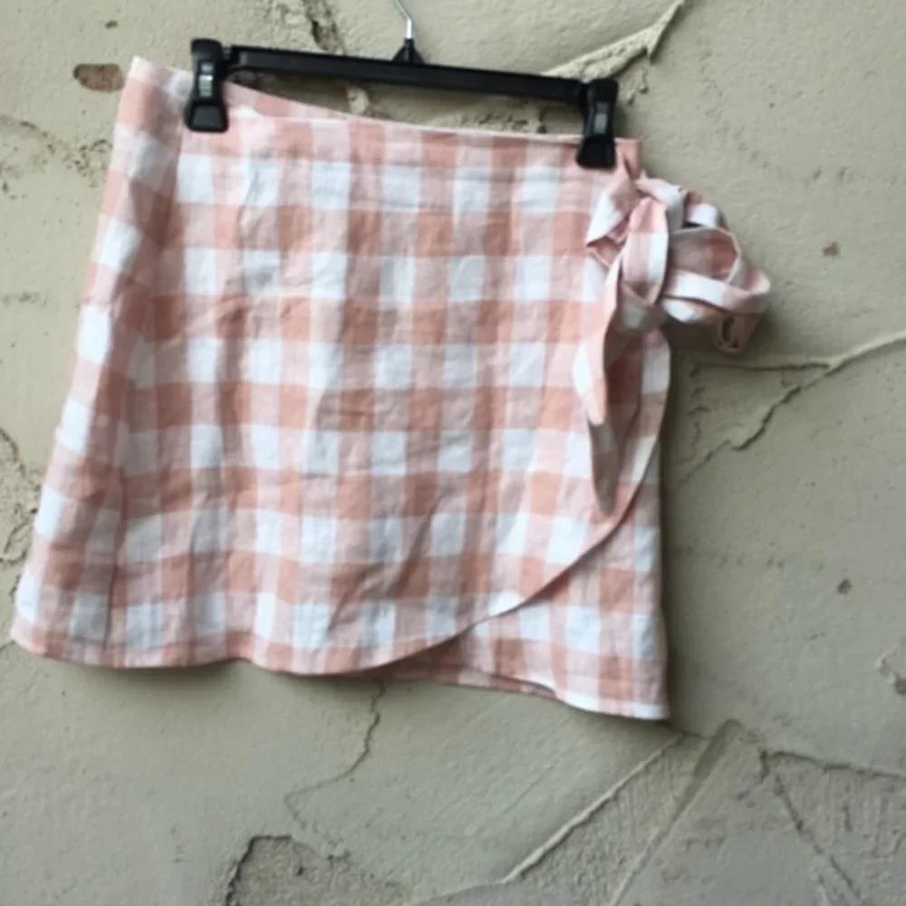 Reformation Side Tie Check Linen Wrap Mini Skirt Size M - Picture 2 of 9